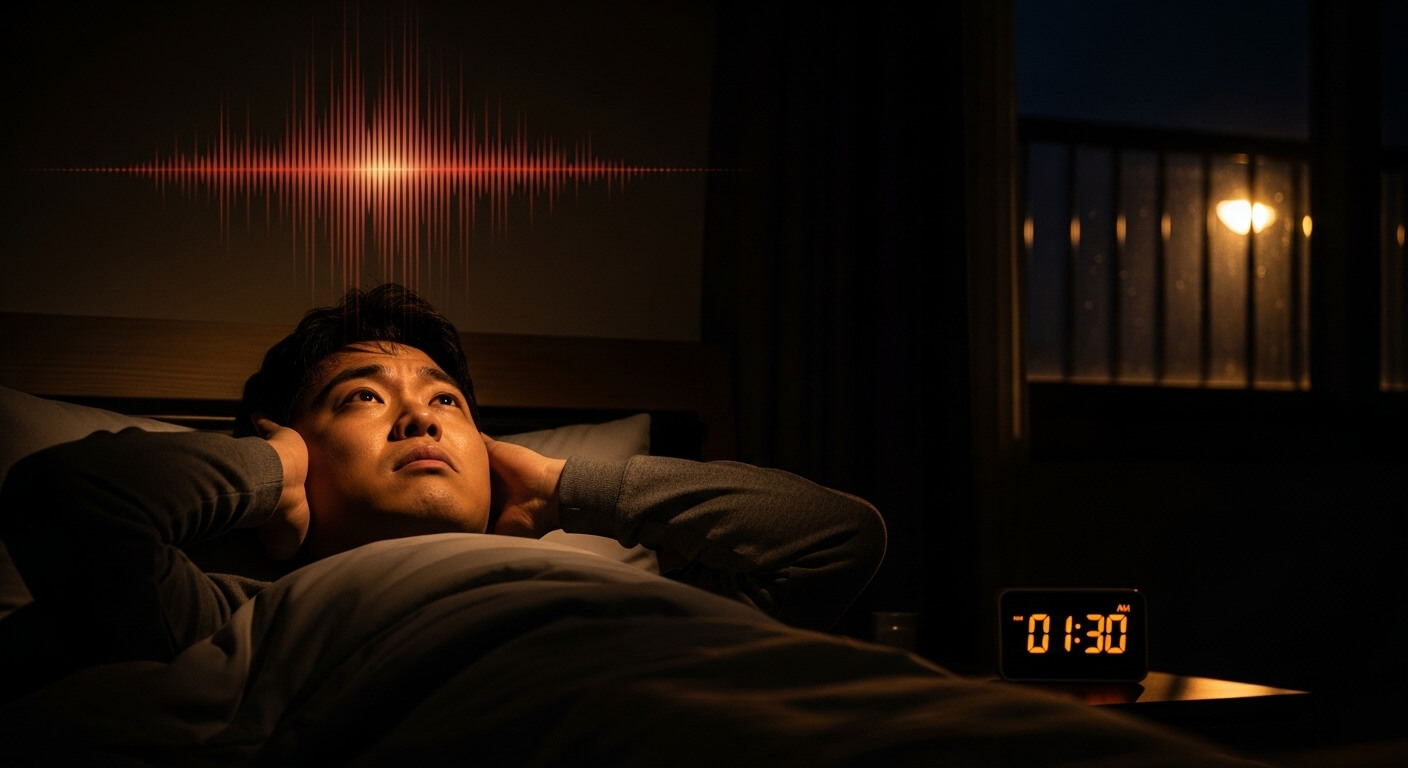 늦은 밤 위층에서 들려오는 소음 때문에 귀를 막고 침대에서 괴로워하는 남성의 모습
