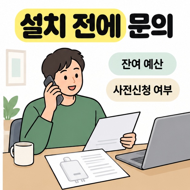 설치 전에 문의 제목 아래 성인이 보일러 관련 서류를 들고 잔여 예산과 사전신청 여부를 전화로 상담하는 그림