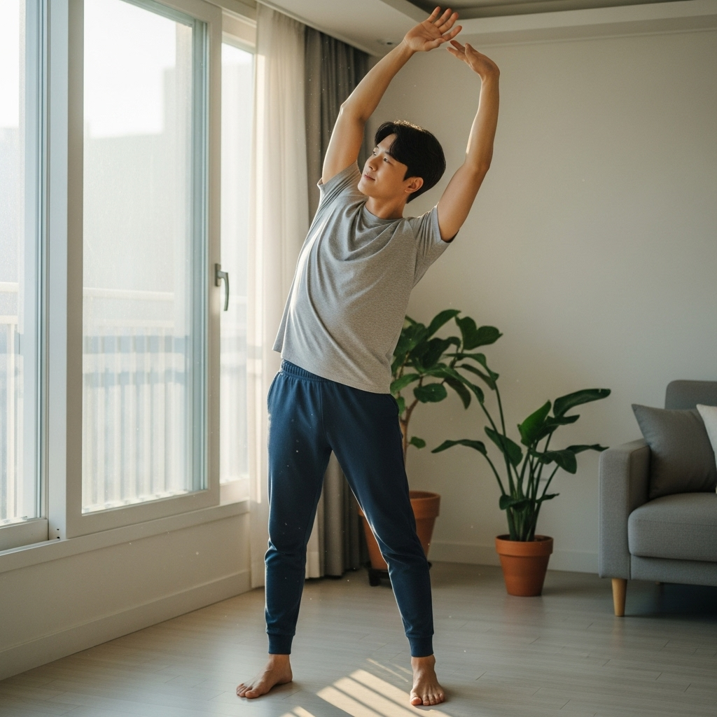 아침햇살을 받으며 스트레칭을 하고 있는 사진