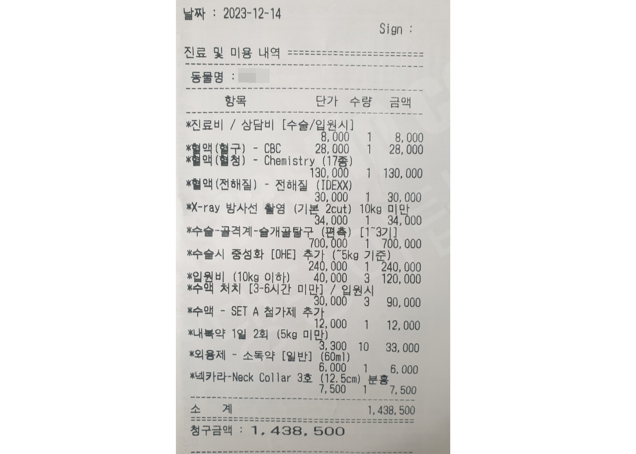강아지 슬개골 탈구 수술 영수증