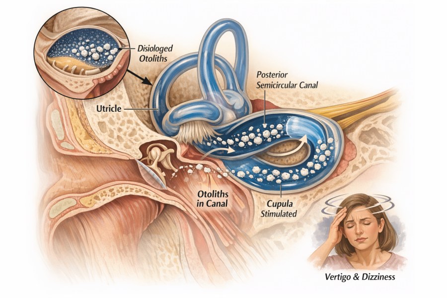 귀 내부 전정기관의 이석이 반고리관으로 이탈하여 어지럼증을 유발하는 원리를 보여주는 의학 해부도 및 이석증 메커니즘 설명