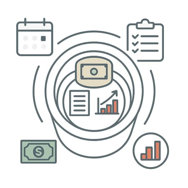 세 겹의 동심원 버킷에 현금·단기채·주식 아이콘이 안쪽부터 배열되고 바깥쪽에는 달력과 체크리스트가 놓인 상부 시점의 미니멀 인포그래픽