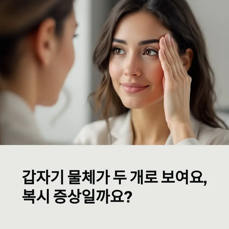 복시 증상을 호소하며 한쪽 눈을 가리고 상담 중인 여성, 갑작스러운 물체 이중 시야를 걱정하는 모습