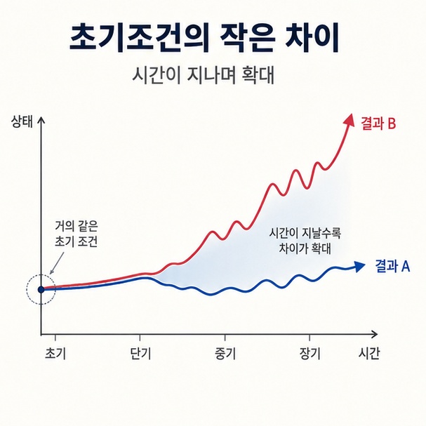 처음에는 매우 작은 차이였던 두 상황이 시간이 지나면서 크게 다른 결과로 갈라지는 초기조건 민감성을 설명한 이미지