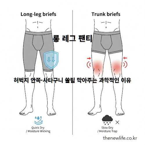 롱 레그 팬티와 트렁크 팬티의 차이를 비교하며 허벅지 안쪽과 사타구니 쓸림 예방 효과를 설명하는 이미지