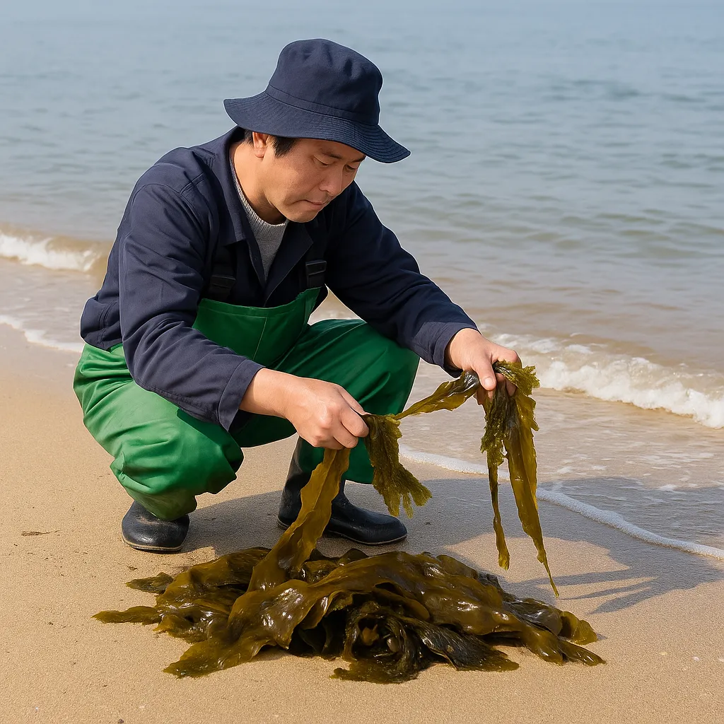 해변에서 대황을 채취하는 어민의 모습