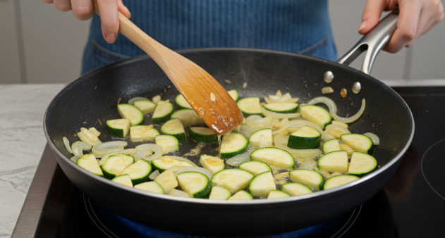 애호박과 양파, 마늘이 들어가 센 불에서 볶아지고 있는 모습