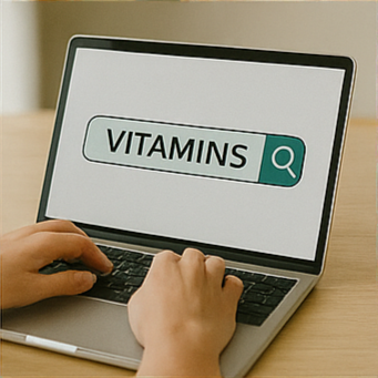 손에 든 노란 비타민 캡슐, 노트북 화면에 표시된 'VITAMINS' 검색창, 오렌지·아보카도·토마토 등 비타민이 풍부한 식품들