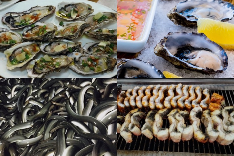 상단 좌측부터 석화(굴)를 반으로 쪼개서 위쪽 껍데를 제거하고 나머지 껍데기 위에 있는 굴위에 마늘, 파, 고추, 참기름으로 양념한 양념을 올려둔 사진과 석화를 있는 그대로 접시에 담고 양념장에 찍어 먹을수 있게 접시에 담아둔 사진이며, 하단 좌측부터 살아있는 민물장어가 가득차 있는 사진과 그 민물장어로 숯불구이판 위에 구워서 먹기쉽게 잘게 잘라둔 사진