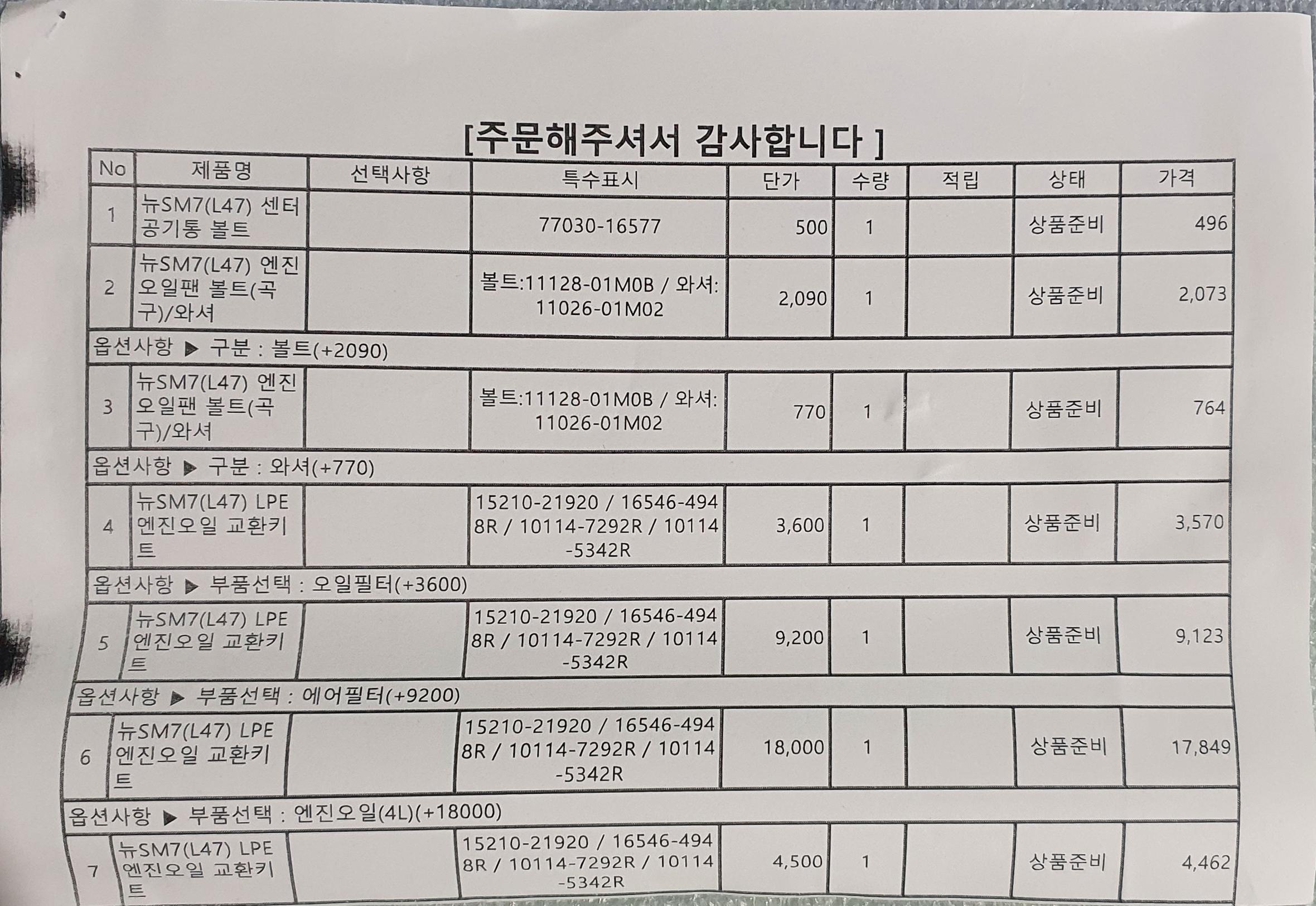 구매한 부품 내역