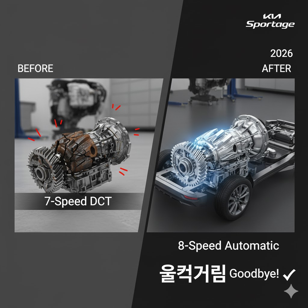2026년형 기아 스포티지가 '7단 DCT(깨짐)'를 버리고 '8단 자동(새것)' 변속기를 장착하는 상징적인 이미지
