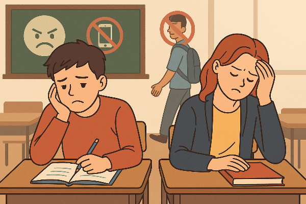 청소년 정신 건강과 학교 환경, 교실 안팎의 스트레스가 미치는 영향에 관한 일러스트 이미지.