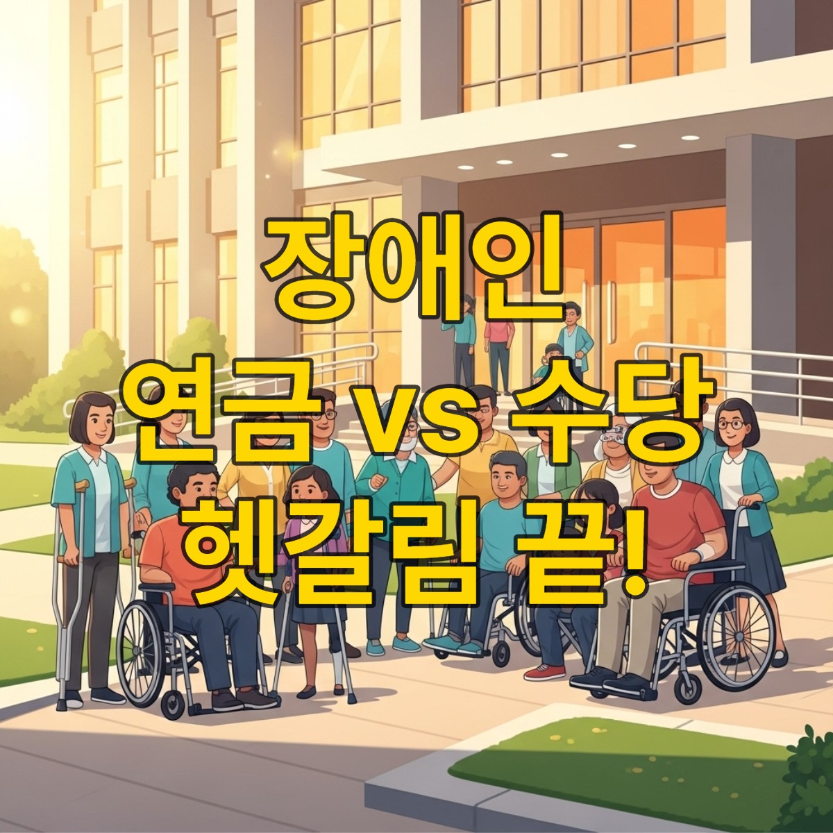 2026년 장애인연금 및 장애수당 인상 소식에 기뻐하는 다양한 장애인들