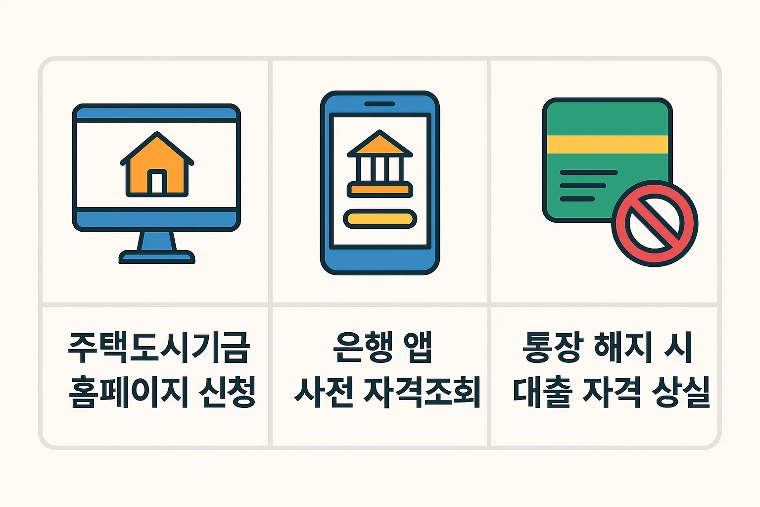 주택도시기금 홈페이지 신청 절차, 은행 앱 사전 자격조회, 통장 해지 시 대출 자격 상실 등 핵심 주의사항을 정리한 인포그래픽. 대출 신청 전 반드시 확인해야 할 단계별 안내 포함.