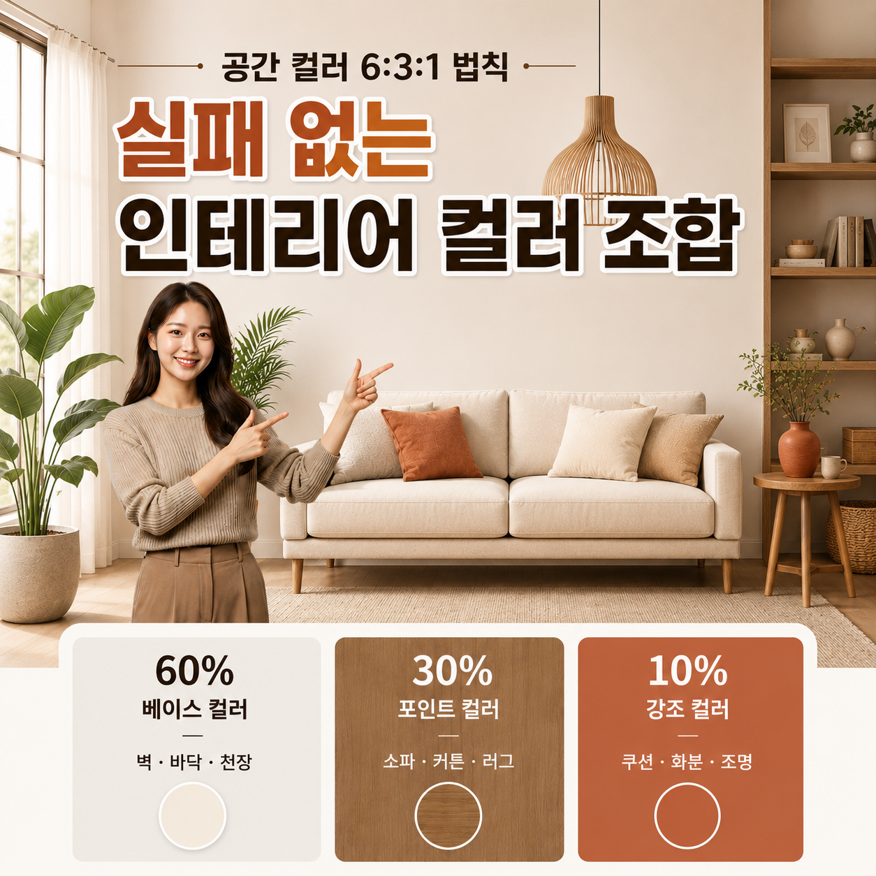 거실 인테리어 컬러 조합 6:3:1 법칙 예시 이미지