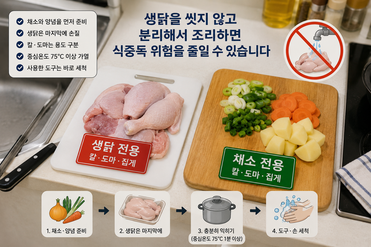 생닭과 채소용 칼과 도마를 분리해 닭요리를 준비하는 모습