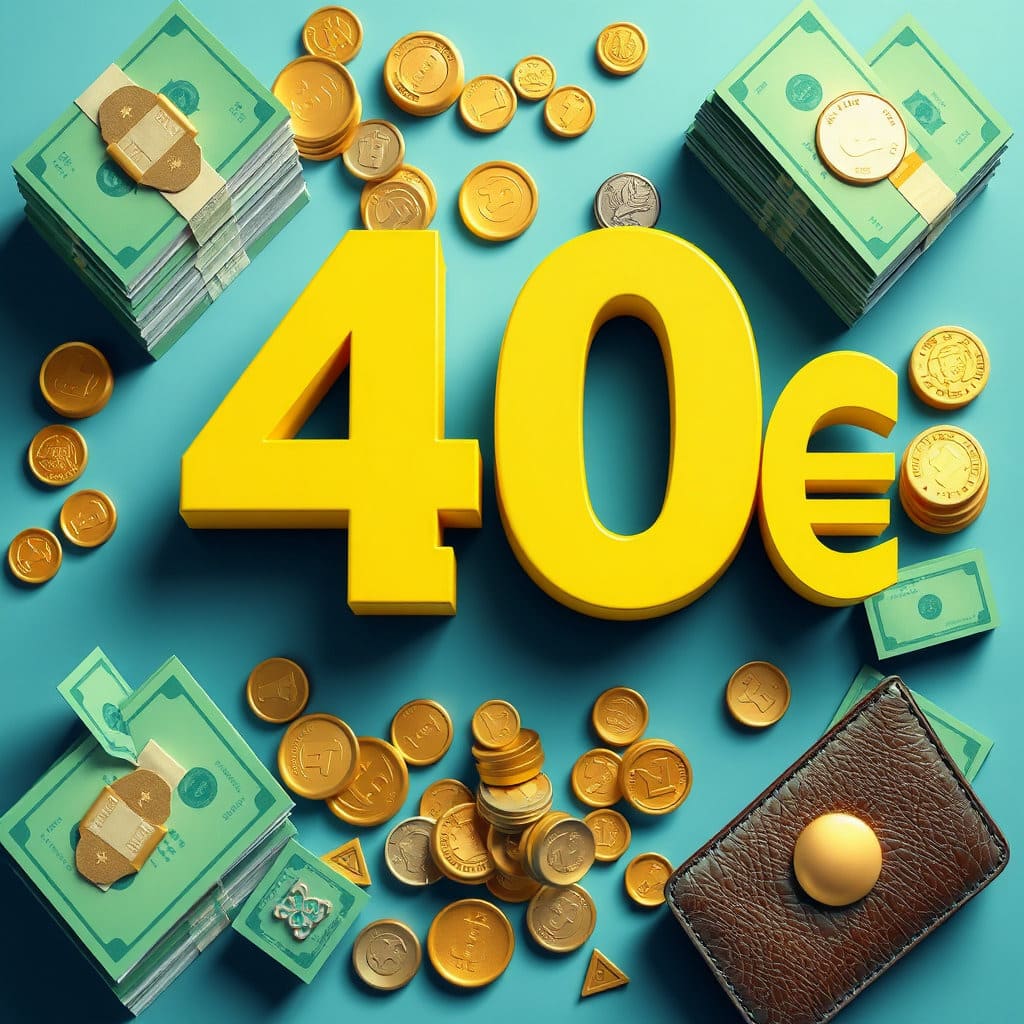 '최대 40만원'이라는 숫자를 크고 눈에 띄게 강조합니다. 숫자 주변에 돈다발, 동전, 또는 지갑 이미지를 배치하여 지원금의 실질적인 의미를 전달합니다. 돈 이미지는 긍정적이고 풍요로운 느낌으로 표현하며, 밝고 활기찬 색상을 사용합니다.