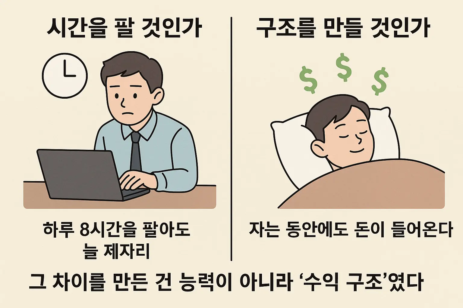 노동 기반 수익 구조와 시스템 기반 수익 구조를 비교하는 이미지. 한쪽은 야근하는 직장인, 다른 쪽은 자는 동안 돈이 들어오는 사람.