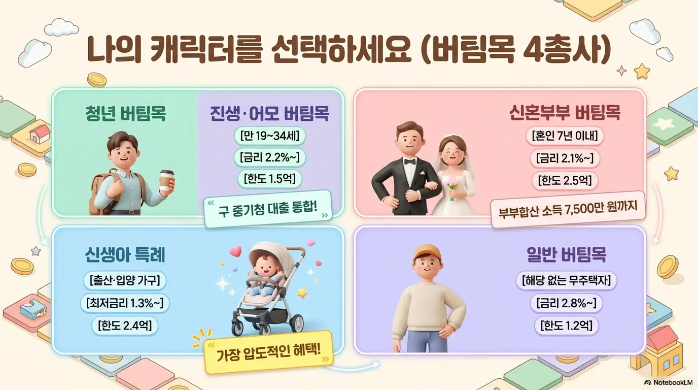 전세자금대출 금리비교: 버팀목 4종을 캐릭터로 소개하는 이미지. 청년 버팀목은 만 19~34세 금리 2.2%부터 한도 1.5억, 신혼부부 버팀목은 혼인 7년 이내 금리 2.1%부터 한도 2.5억, 신생아 특례는 최저금리 1.3%부터 한도 2.4억, 일반 버팀목은 금리 2.8%부터 한도 1.2억임을 정리해 전세자금대출 상품 종류를 시각적으로 전달함