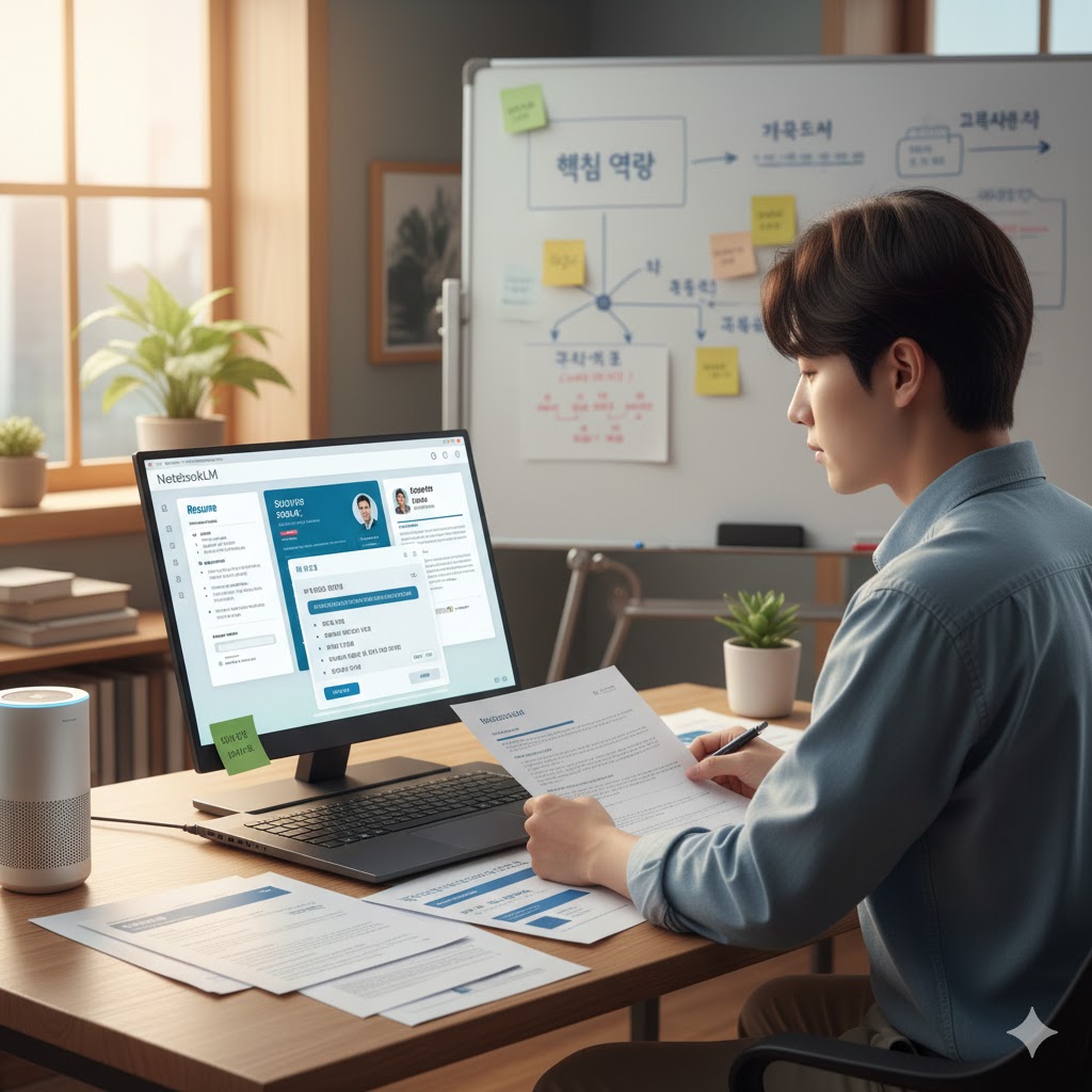 책상이 있는 방에서 한 남성이 컴퓨터 앞에 앉아 이력서와 다른 서류들을 검토하고 있습니다.