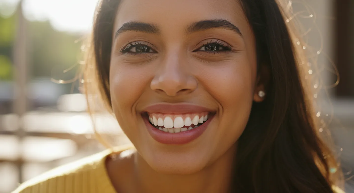 "건강한 잇몸과 함께, 실제 치아처럼 투명감과 질감이 살아있는 라미네이트를 한 여성이 만족스러운 표정으로 환하게 웃고 있는 얼굴 클로즈업 이미지."
