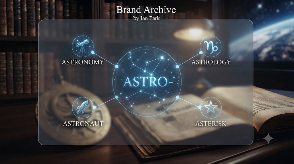 astro- 어근이 확장되는 과정을 보여주는 지적이고 세련된 인포그래픽입니다. 우주정거장(Astronaut) 아이콘을 중심으로 천문학(Astronomy), 별표(Asterisk), 소행성(Asteroid) 등이 별자리처럼 연결되며 하나의 어근 패밀리를 이룹니다. 배경에는 은하수가 펼쳐져 있습니다.