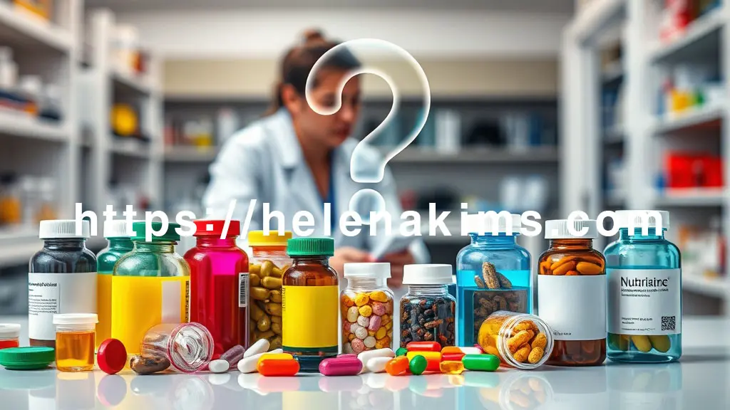 깔끔한 실험실 테이블 위에 다채로운 색상의 건강 보조 식품 병들과 영양제 캡슐들이 놓여 있는 모습.