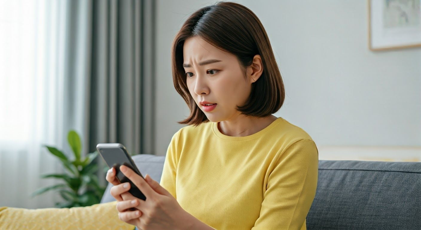 SKT 유심 해킹 문자를 보고 놀라는 여성 이미지