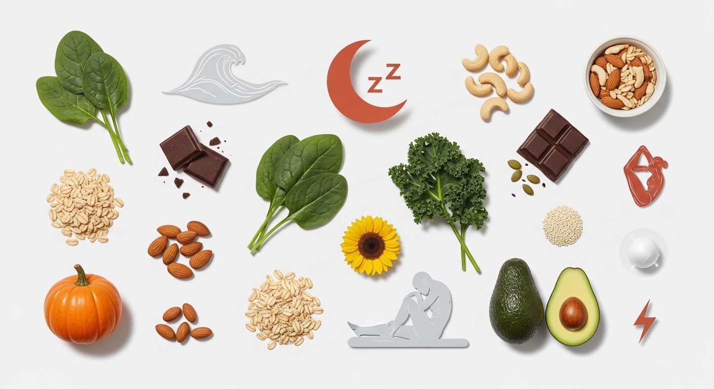 마그네슘이 풍부한 시금치, 견과류, 다크 초콜릿 등의 식품과 스트레스 완화, 숙면을 상징하는 요소들이 조화롭게 어우러진 이미지.