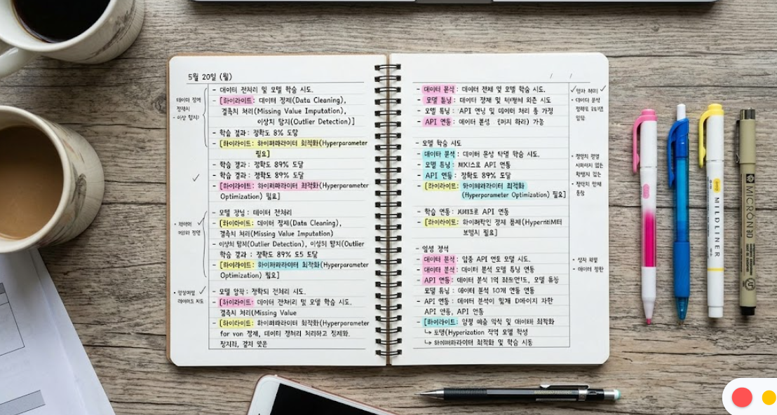 책상 위에 놓인 실습생의 업무 노트와 형광펜이 쳐진 전문 용어