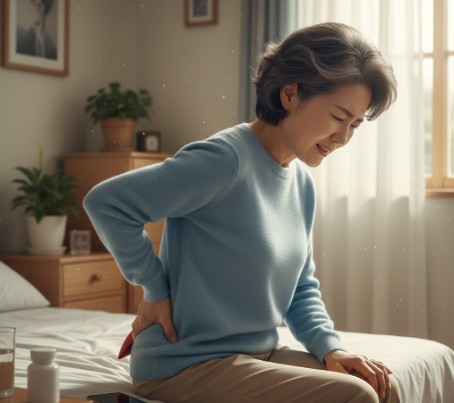 50대 여성이 허리통증으로 고생하는 있다