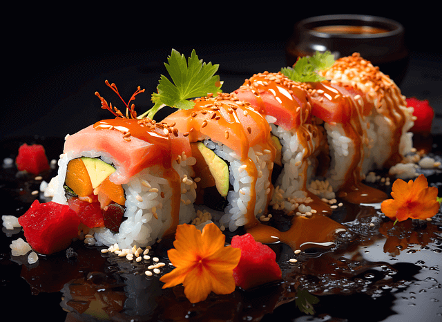 검정 접시에 연어초밥들이 6개 있다. 흰밥 안에는 당근, 계란이 있고 위에는 연어회가 얹어있다.