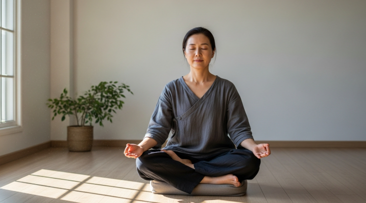  혼자 명상하면서 고독을 즐기는 40대 여성 