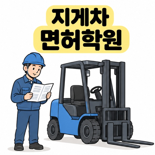 지게차 면허학원 제목 아래 안전모와 작업복을 착용한 남성이 정차한 지게차 옆에서 안내 자료를 살펴보는 모습