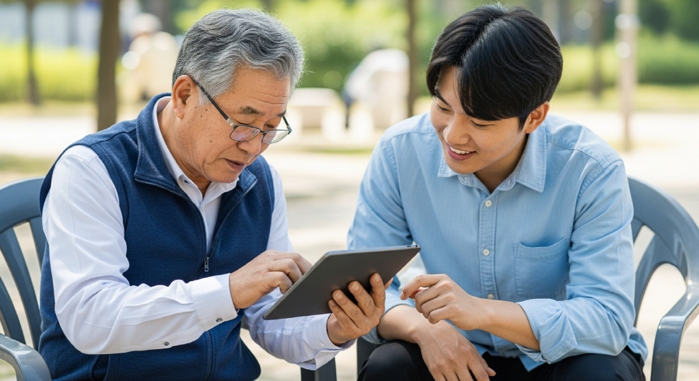 시니어가 태블릿으로 신청하며 손자에게 배우는 모습