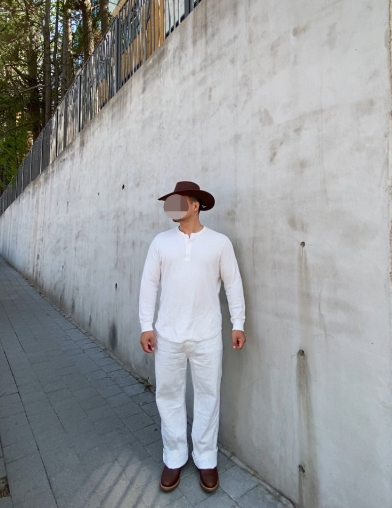 데일리룩('26. 4. 18.)유니버셜 케미스트리 페도라 카우보이 웨스턴모자, 유니클로 와플헨리넥 티셔츠, 무신사스탠다드 린넨 와이드 데님팬츠, 레드윙 페코스 1155 웨스턴부츠