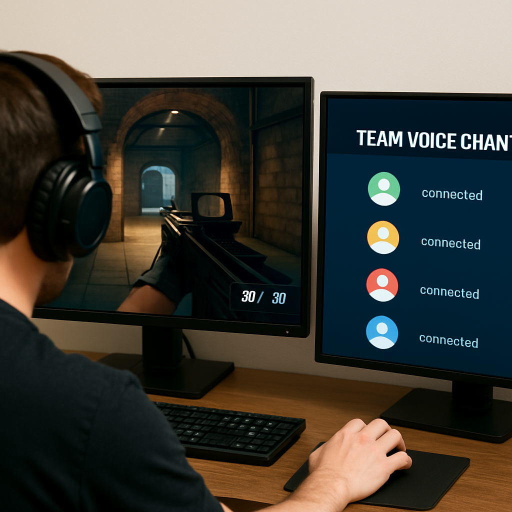 한쪽 모니터로는 FPS 게임을, 다른 한쪽에서는 팀 보이스채팅을 실시간으로 확인하는 모습.
멀티태스킹과 몰입감을 모두 잡은 게이머의 듀얼 모니터 활용 예시입니다.