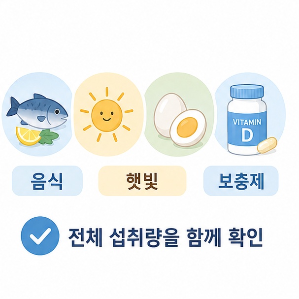 생선, 달걀, 햇빛, 영양제 아이콘으로 비타민 D를 음식과 햇빛, 보충제에서 얻을 수 있음을 보여 주는 그림