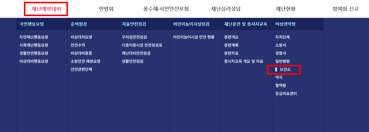 국민재난안전포탈에서 시작, 재난예방대비, 비상연락망 보건소 항목으로 차례로 이동하는 항목에 대한 설명 스크린샷.