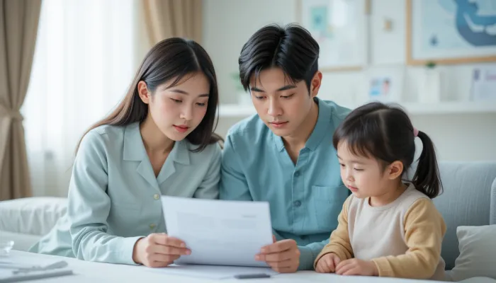 가족과 나란히 앉아 문서를 보며 설명을 듣는 여성