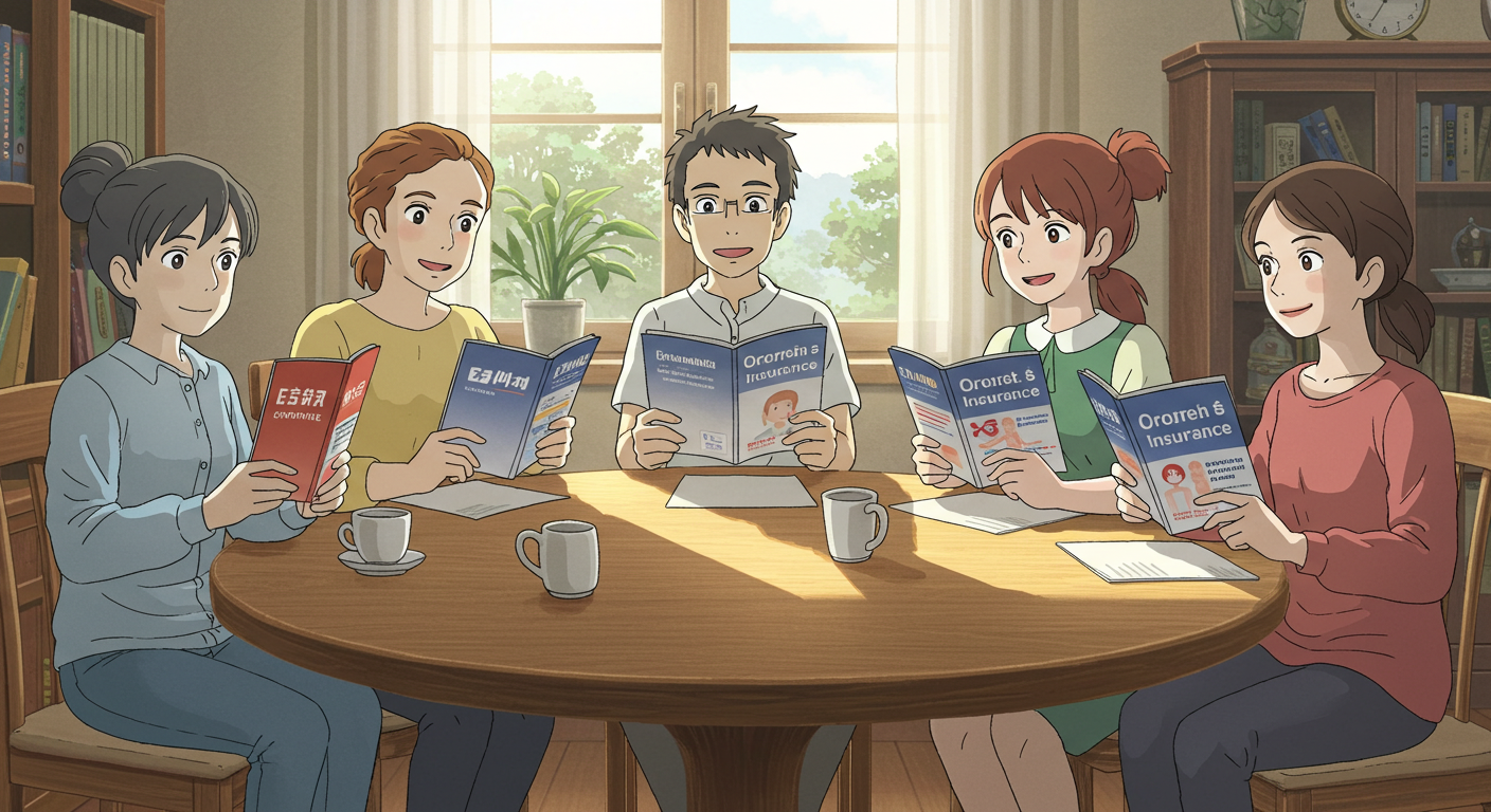 여러 브랜드의 암보험을 비교하며 대화하는 사람들