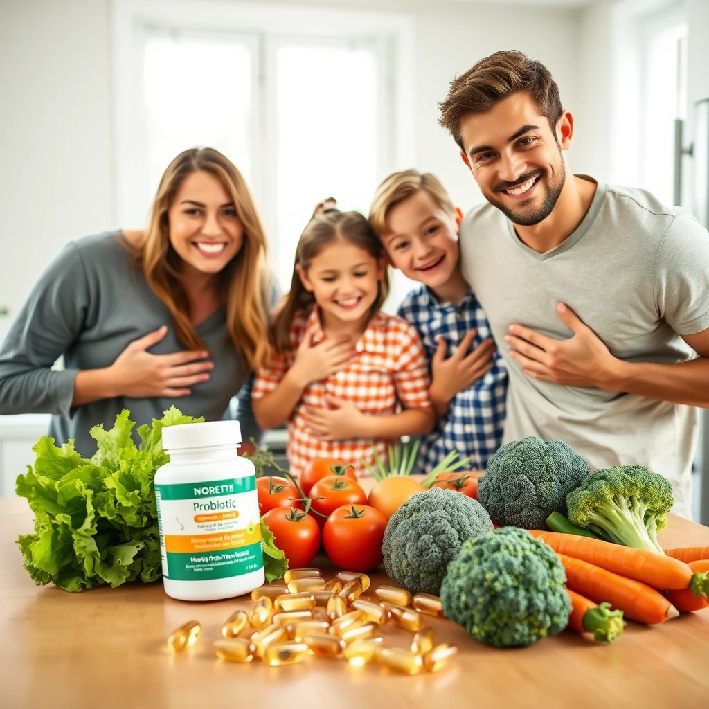 유산균 캡슐과 과일이 놓여진 테이블 앞에서 웃고 있는 가족들