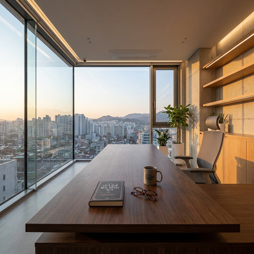 현대적인 오피스 데스크 위에 펼쳐진 도서 '내가 돈을 벌고 있다는 착각'과 세련된 안경, 그리고 따뜻한 커피 한 잔. 커다란 창문을 통해 서울 도심의 고요한 저녁 노을빛이 부드럽게 비치며, 지적이고 차분하면서도 현실을 관통하는 통찰력이 느껴지는 8k 초고해상도 감성 이미지.