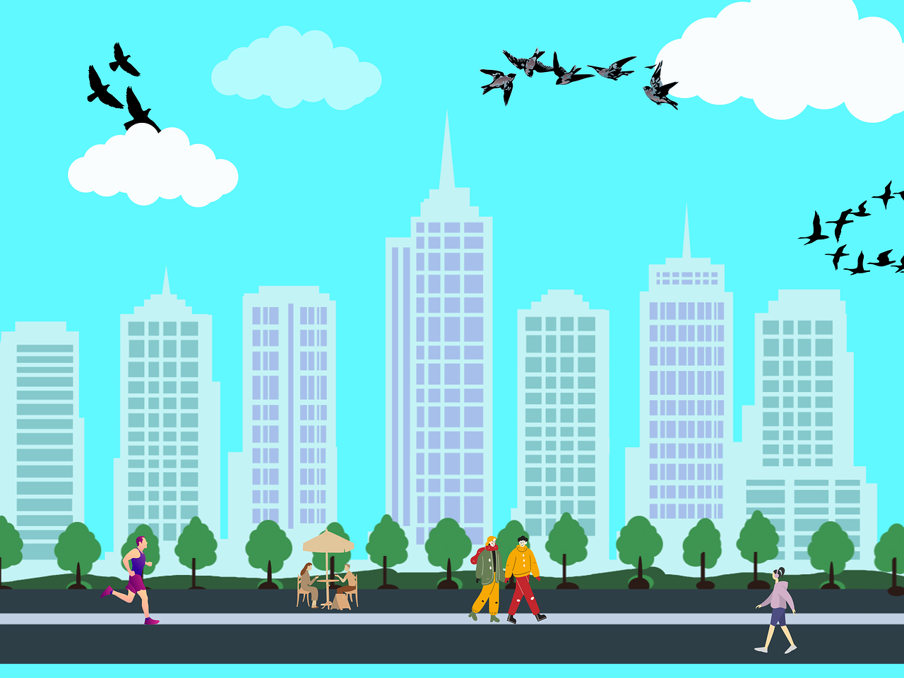 도심과 공원이 함께 그려져있는 길에서 뛰는 사람을 그린 그림