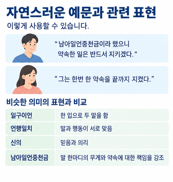남아일언중천금 예문과 일구이언 신의 언행일치의 관련 의미를 정리한 이미지