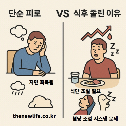 식후 졸린 이유 vs 단순 피로 &ndash; 단순 피로는 휴식으로 회복되지만, 식후 졸림은 혈당 스파이크와 인슐린 문제로 발생하는 차이를 보여주는 이미지