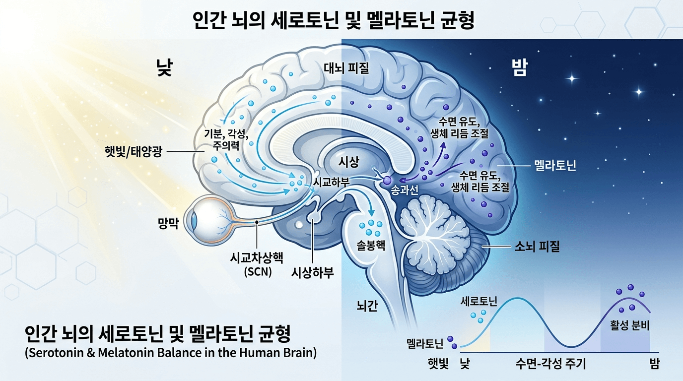 세로토닌과 멜라토닌 균형을 시각화한 뇌 호르몬 일러스트