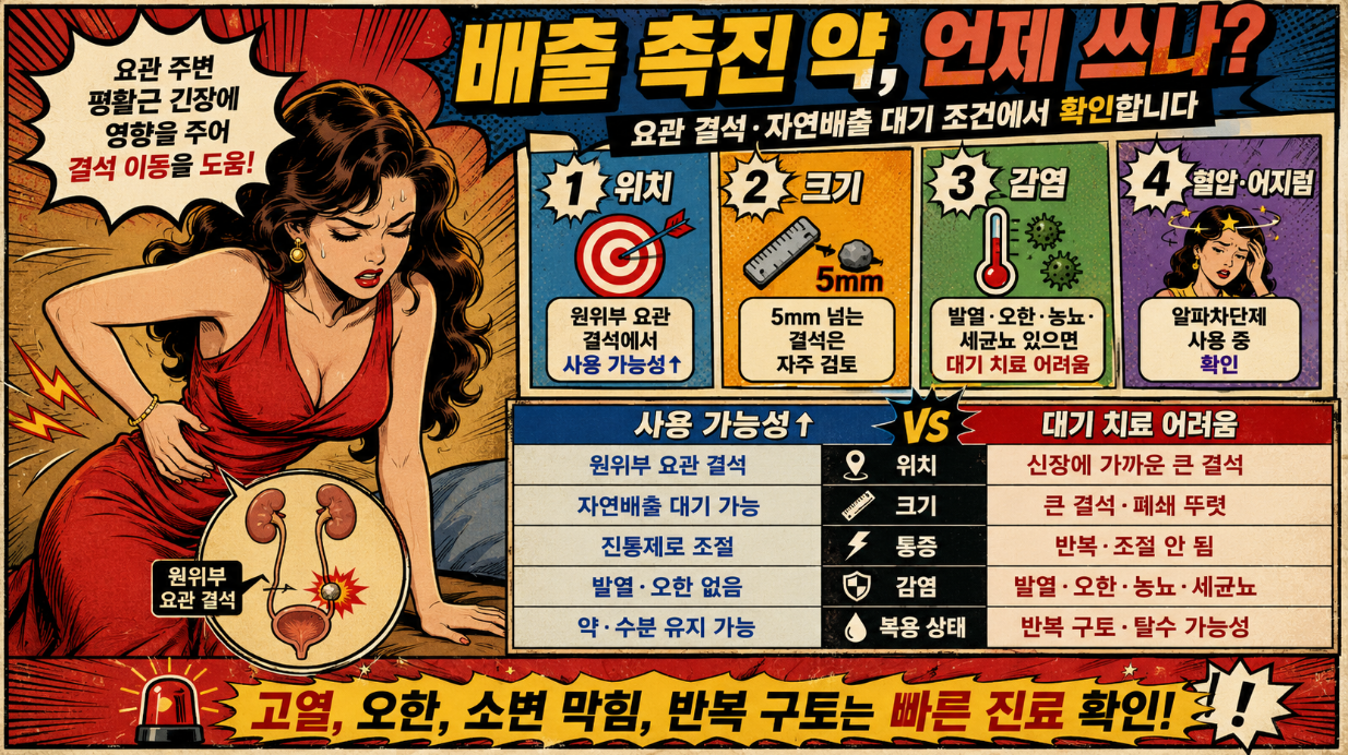 요관 결석에서 배출 촉진 약 사용 가능성과 대기 치료가 어려운 상황을 비교한 옛날 만화풍 인포그래픽