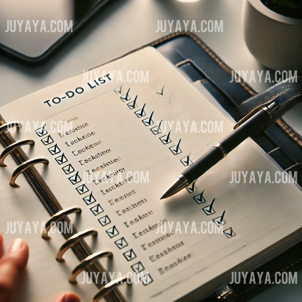 열린 다이어리에 체크리스트가 적혀 있고, 일부 항목이 체크된 모습. 펜과 함께 정리된 깔끔한 작업 공간.