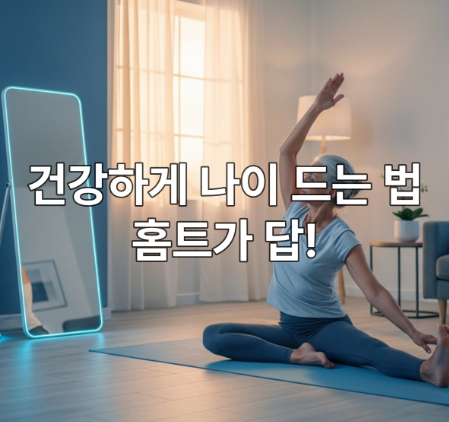 스마트 미러 앞에서 요가 동작을 하는 활기찬 중장년 여성의 모습으로, 집에서 즐기는 롱런 피트니스와 건강한 노년을 상징합니다.